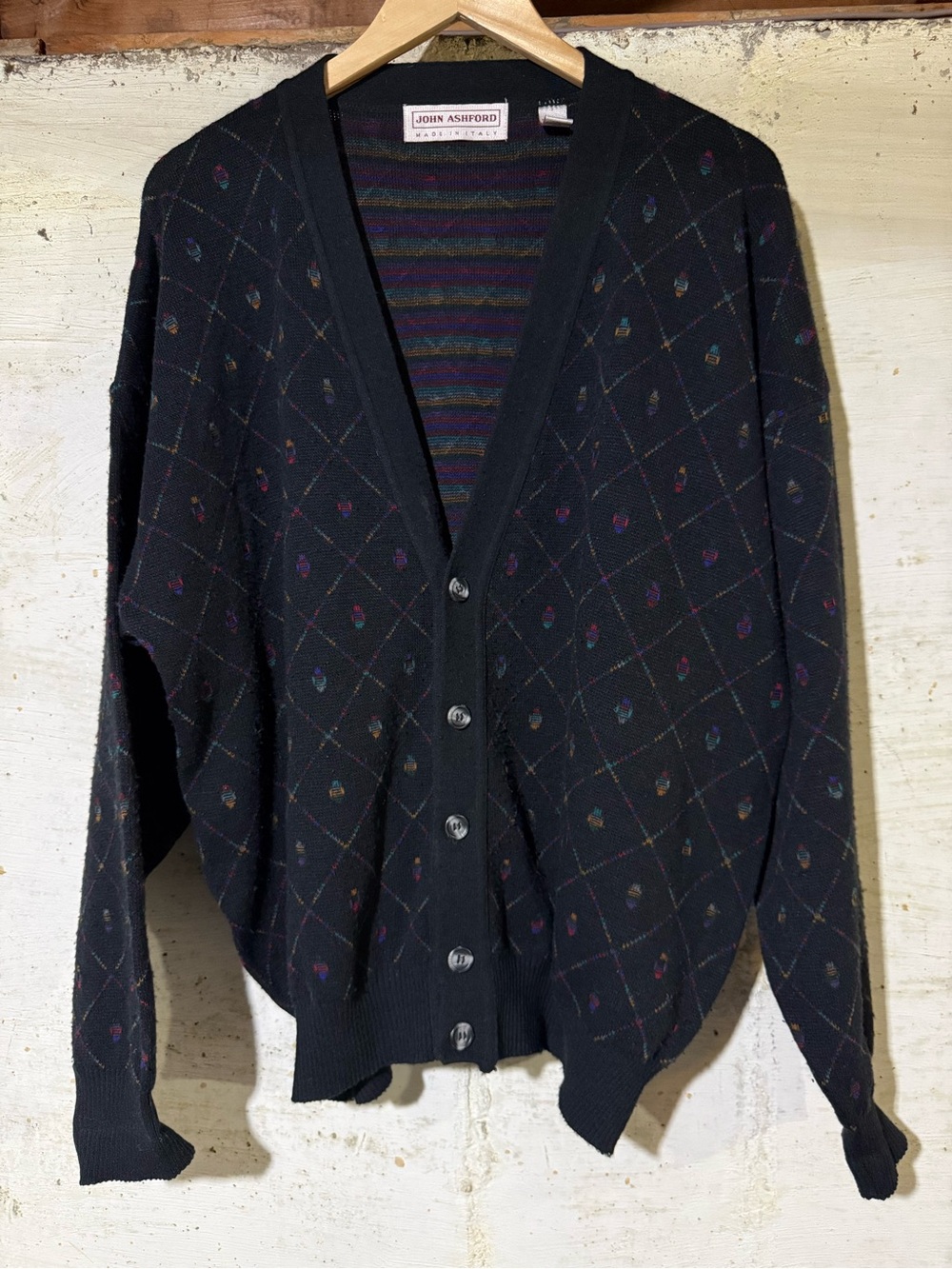 John Ashford Mens XL Black Diamond Knit Cardigan Sweater‎ Wool Blend Italy 90s